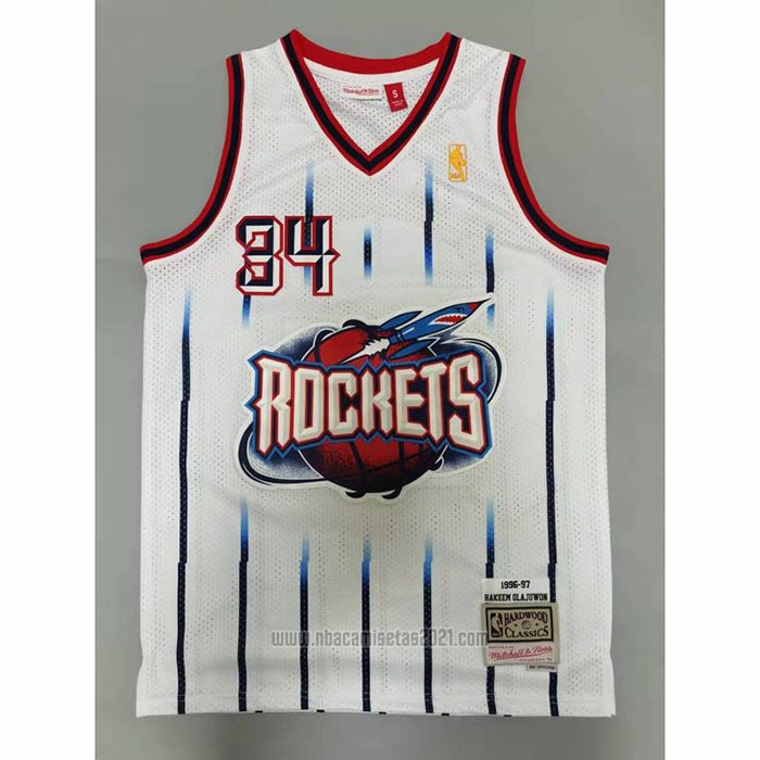 Camiseta Houston Rockets Hakeem Olajuwon #34 Mitchell & Ness 1996-97 Blanco